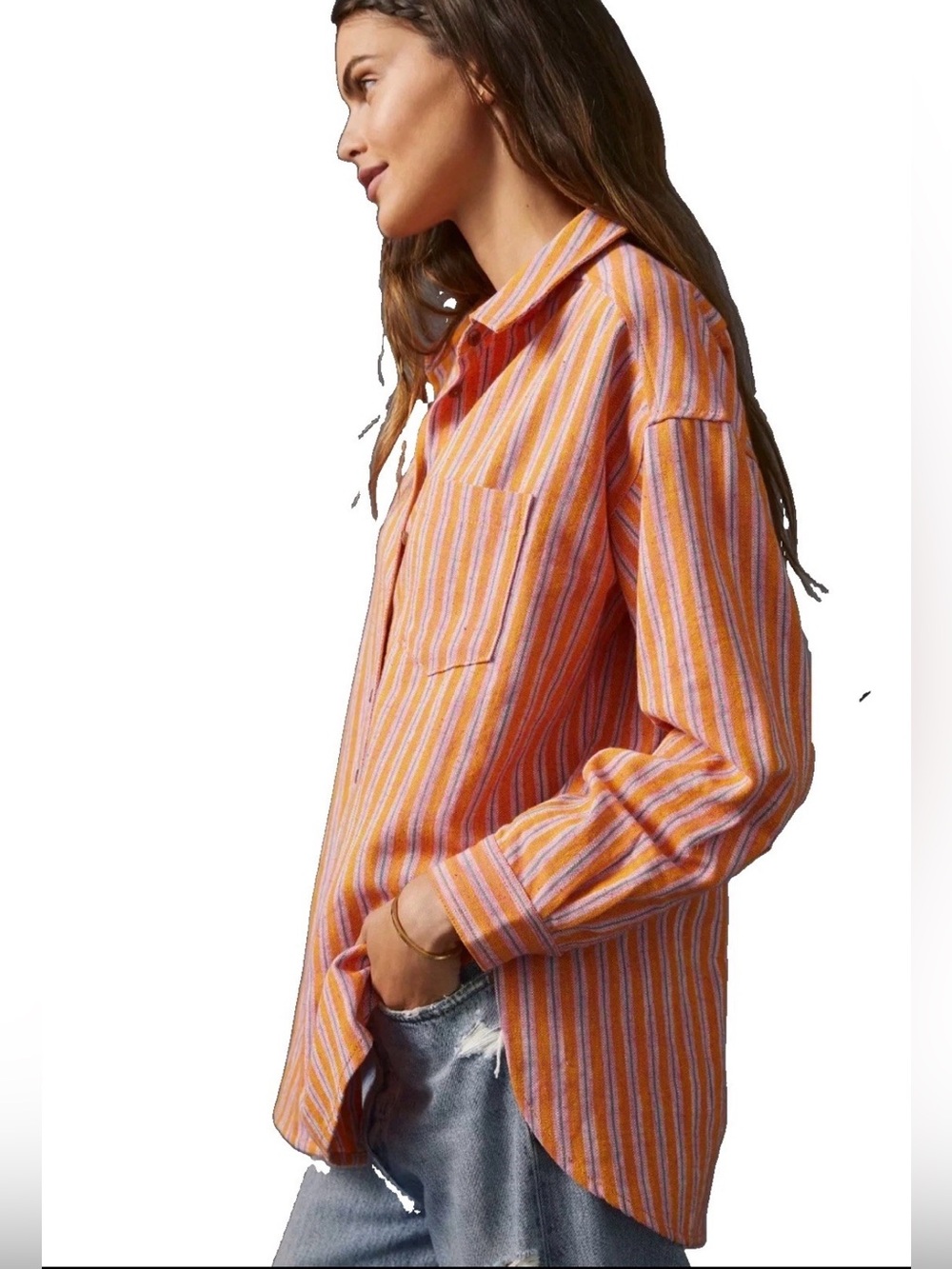 Anthropologie Pilcro Oxford Tunic Linen-Blend Top Multicolor M